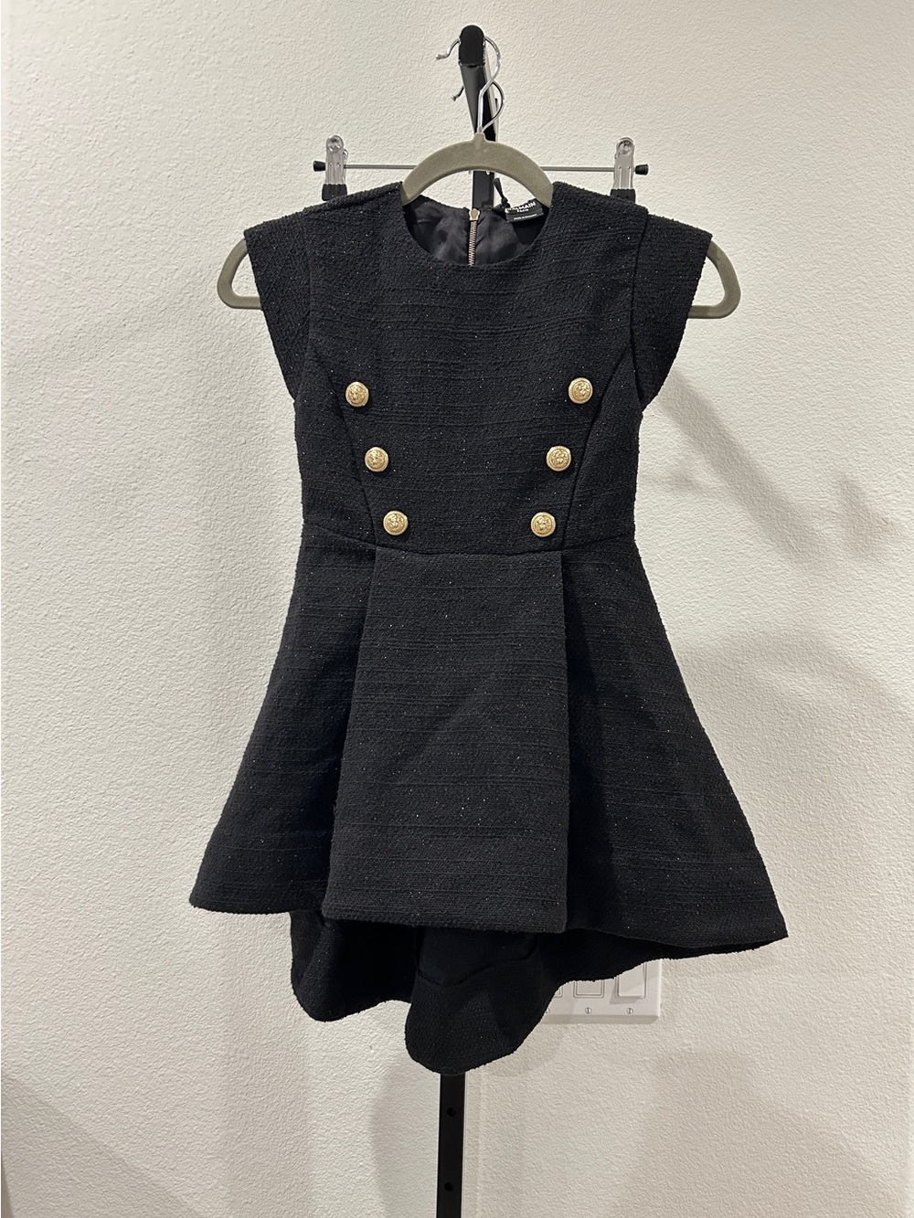 NWT Balmain Kids black cotton blend dress with buttons, Size 6, $650 Retail